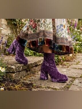 Platform Boho Boots Royal Purple Velvet Ankle Whimsical Chunky Block Heel New 6